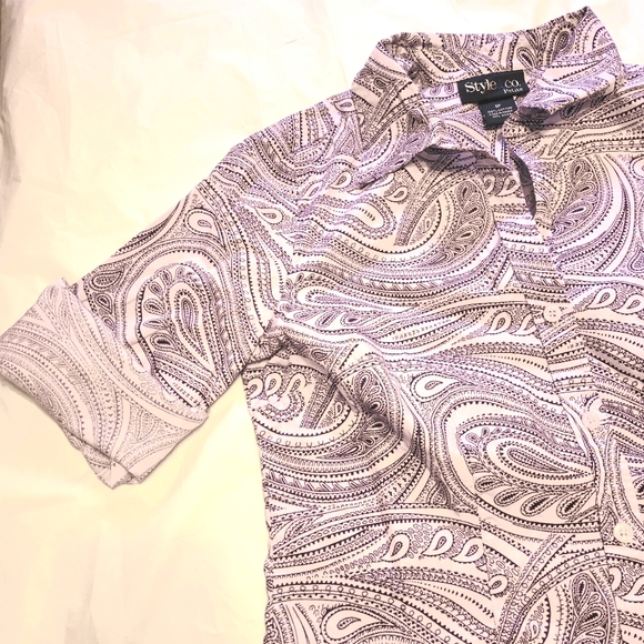 Style & Co Petite: Purple Paisley 3/4 Sleeve, Deep-Cut Button-Down Top, Size 8P - Picture 8 of 16